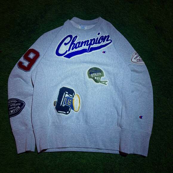 Champion Reverse Weave Crewneck Sweatshirt Multi Patches - Picture 1 of 4